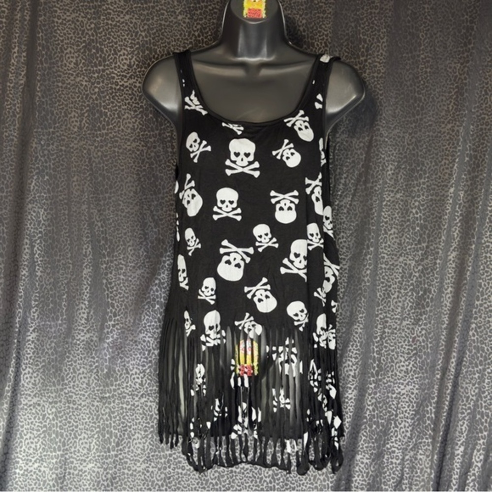 Love By Design Black Skull and Crossbones W/ Fringes Tank Top Size M